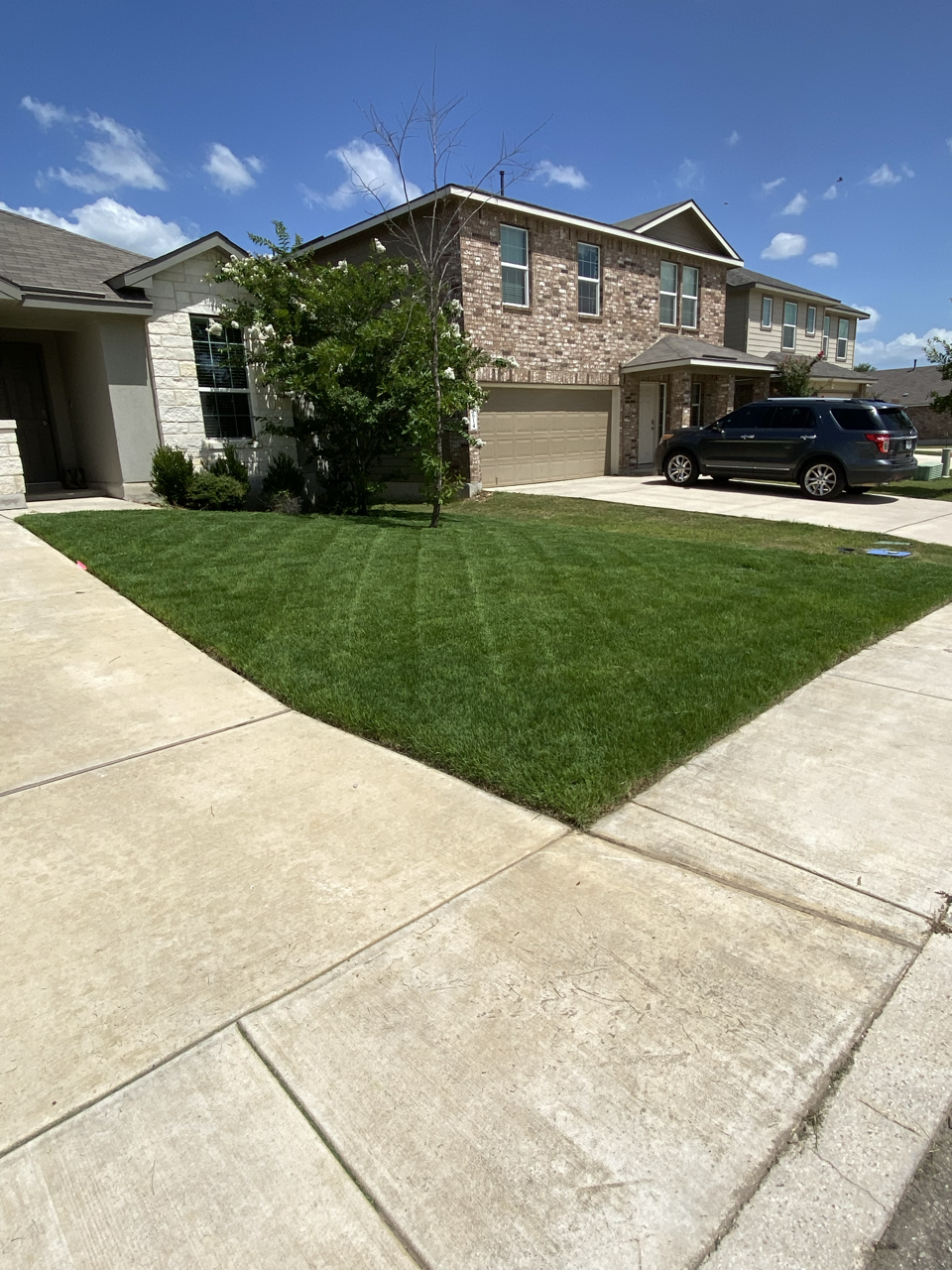 A residential house with a well-maintained front lawn, driveway, and a parked black SUV under a clear blue sky.