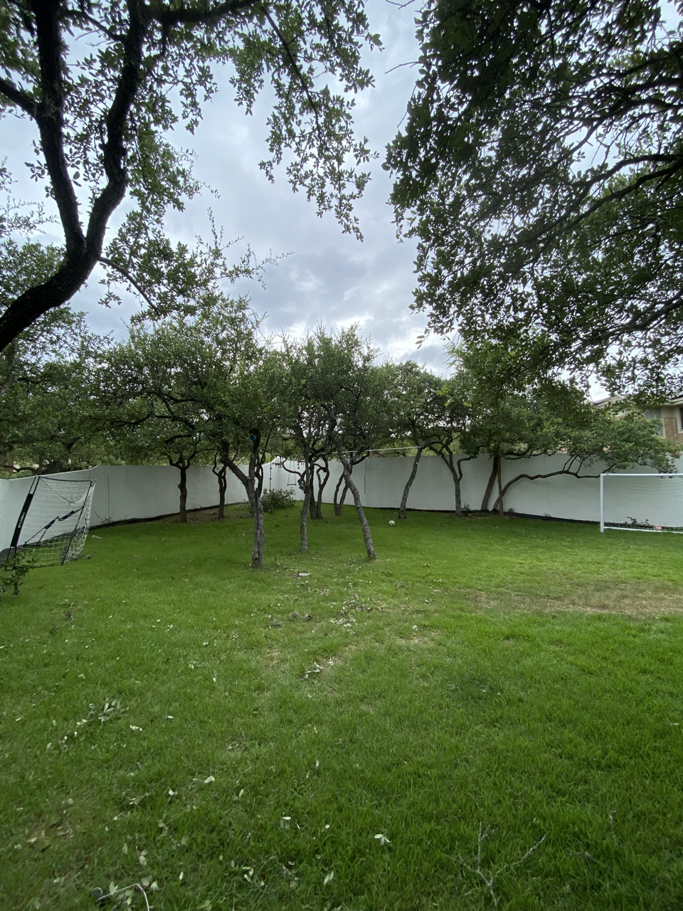 A backyard with trimmed grass, a white privacy fence, several small trees, two soccer goals, and a cloudy sky overhead.