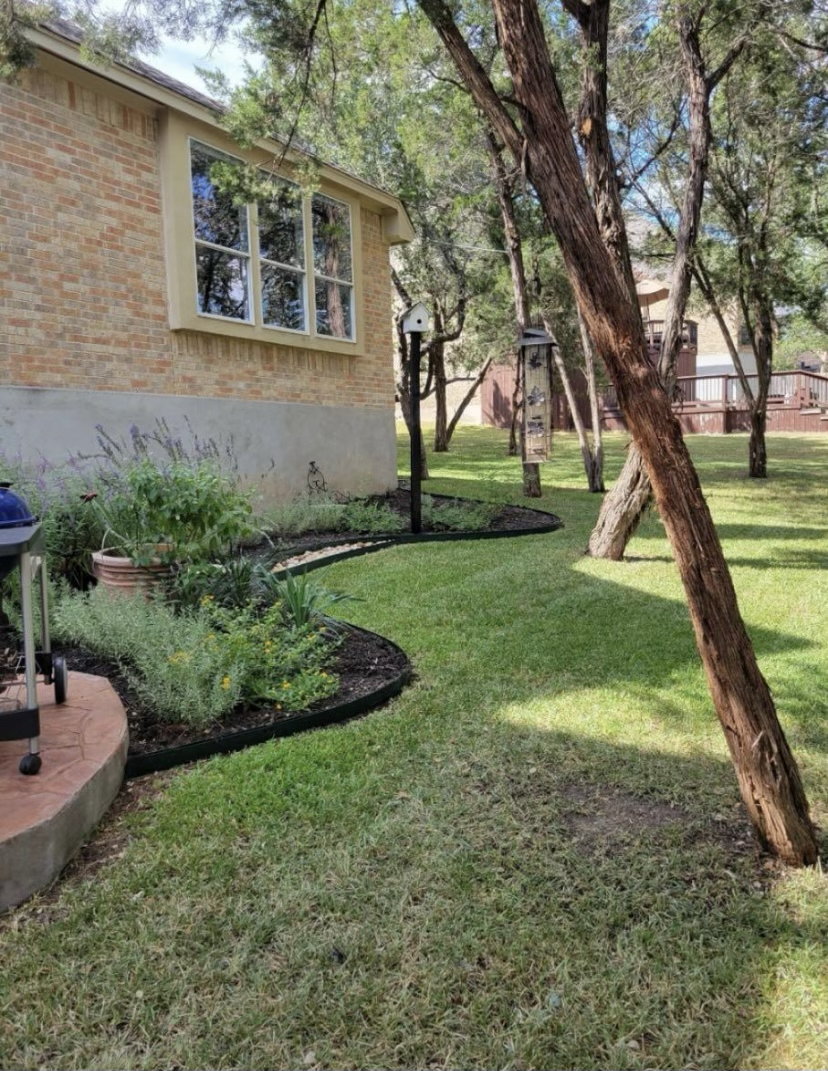 A backyard with a brick house, a garden with various plants, and two birdhouses hanging from trees, with a grassy lawn and trees around.