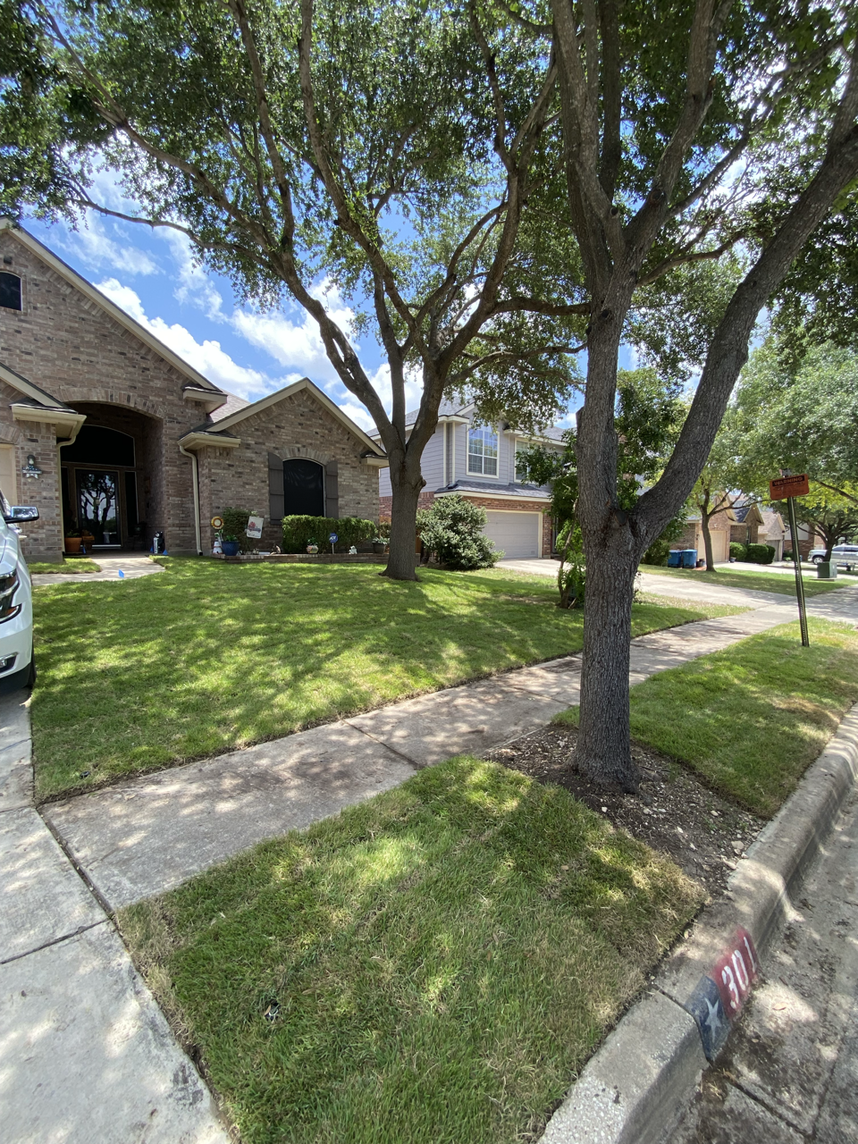 Residential neighborhood street with two houses, a sidewalk, trees, green lawns, and a parking spot marked with a red, white, and blue sign.