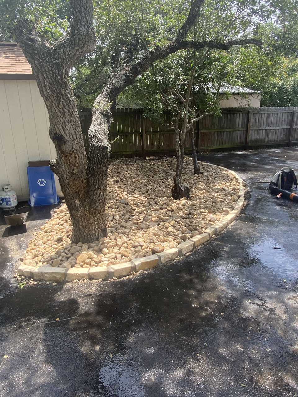 A small landscaped area with a large tree and a smaller tree, edged with a stone border and filled with rocks, next to a paved driveway and a wooden fence.