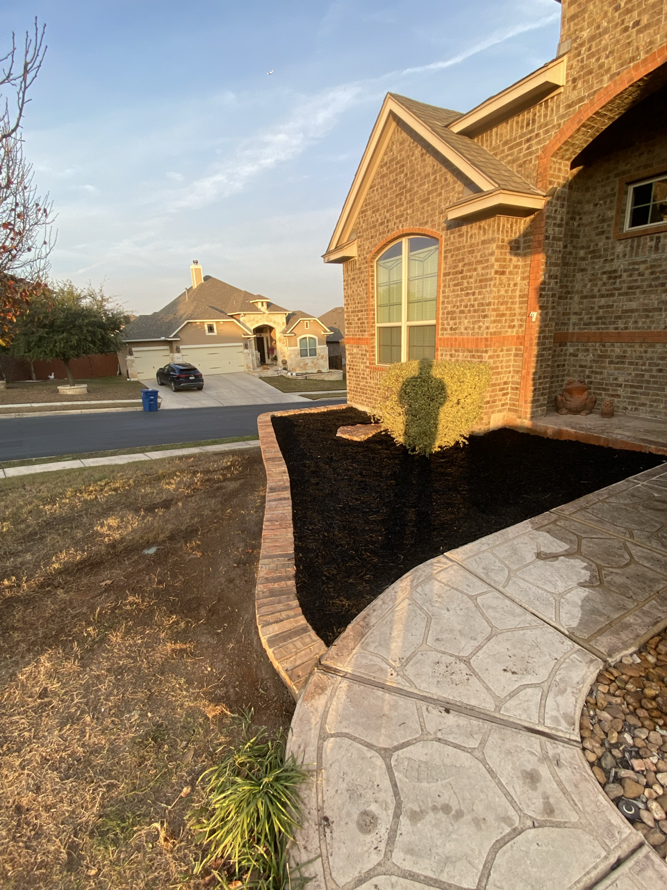 View of a house with a landscaped yard featuring a curved walkway, a small shrub, and newly planted soil, with neighboring houses and a clear blue sky in the background.