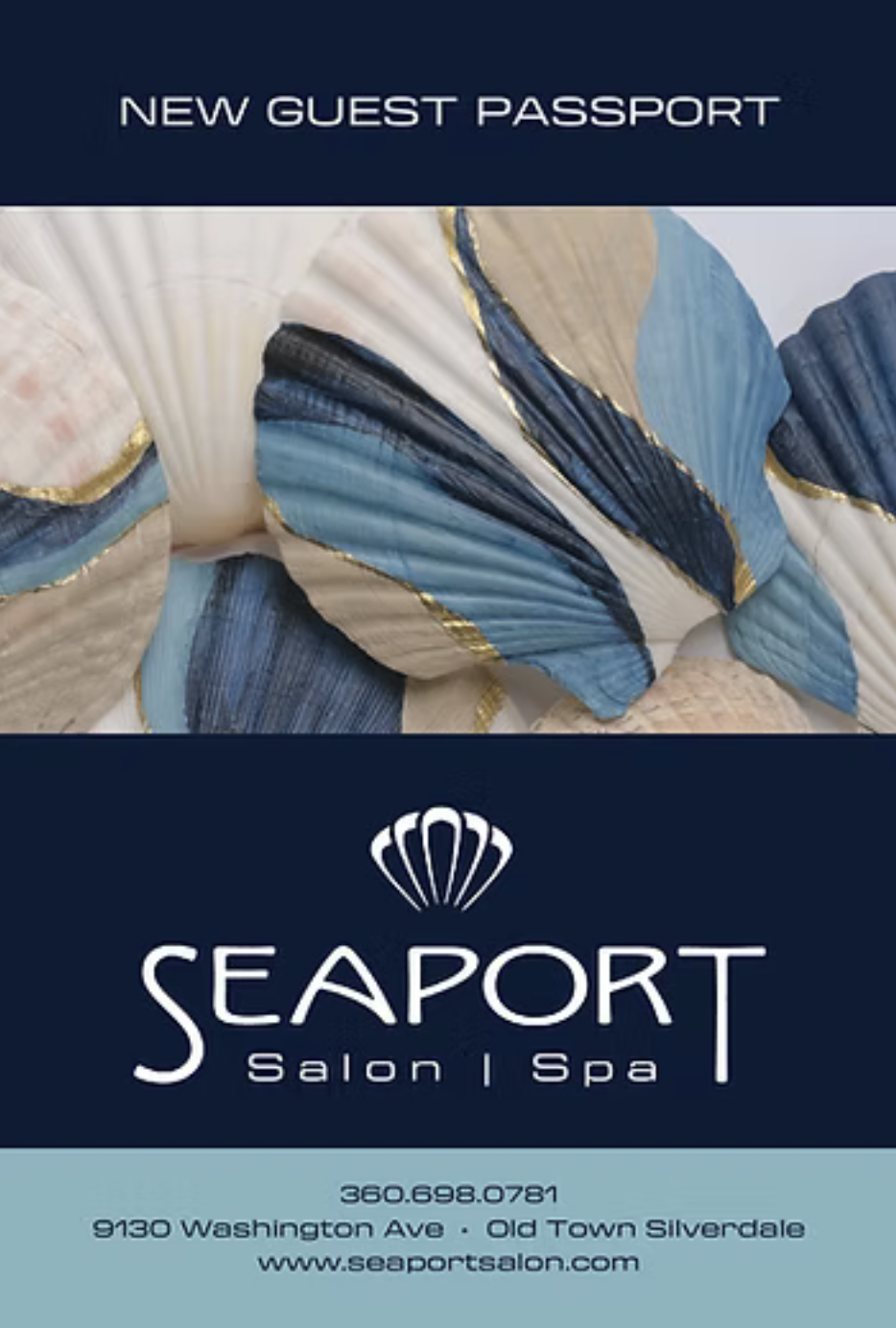 Business card for Seaport Salon and Spa featuring a close-up of seashells painted in blue, white, and beige with gold accents.