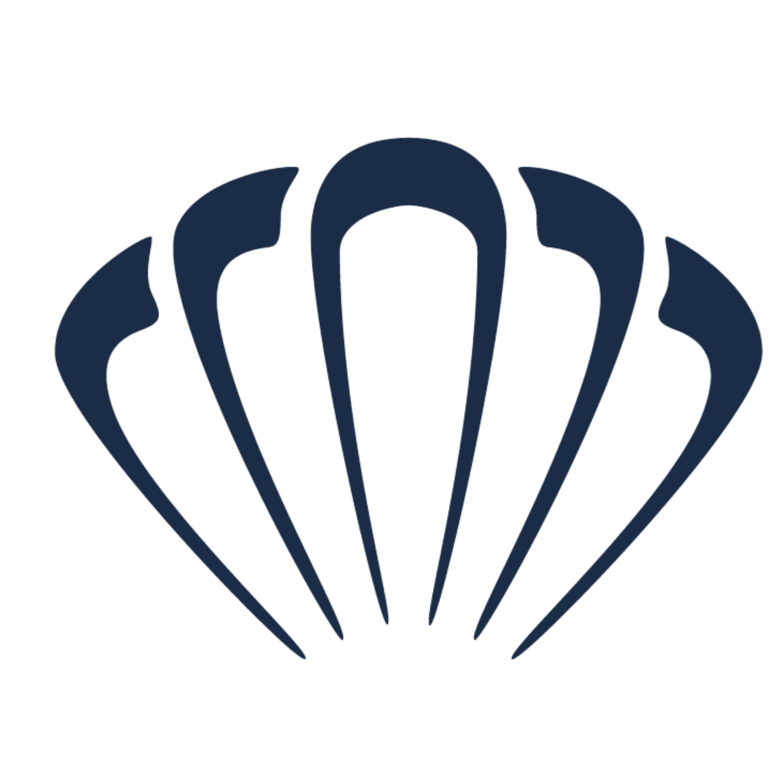 Dark blue line art illustration of a shell or fan with symmetrical curved lines on a black background.