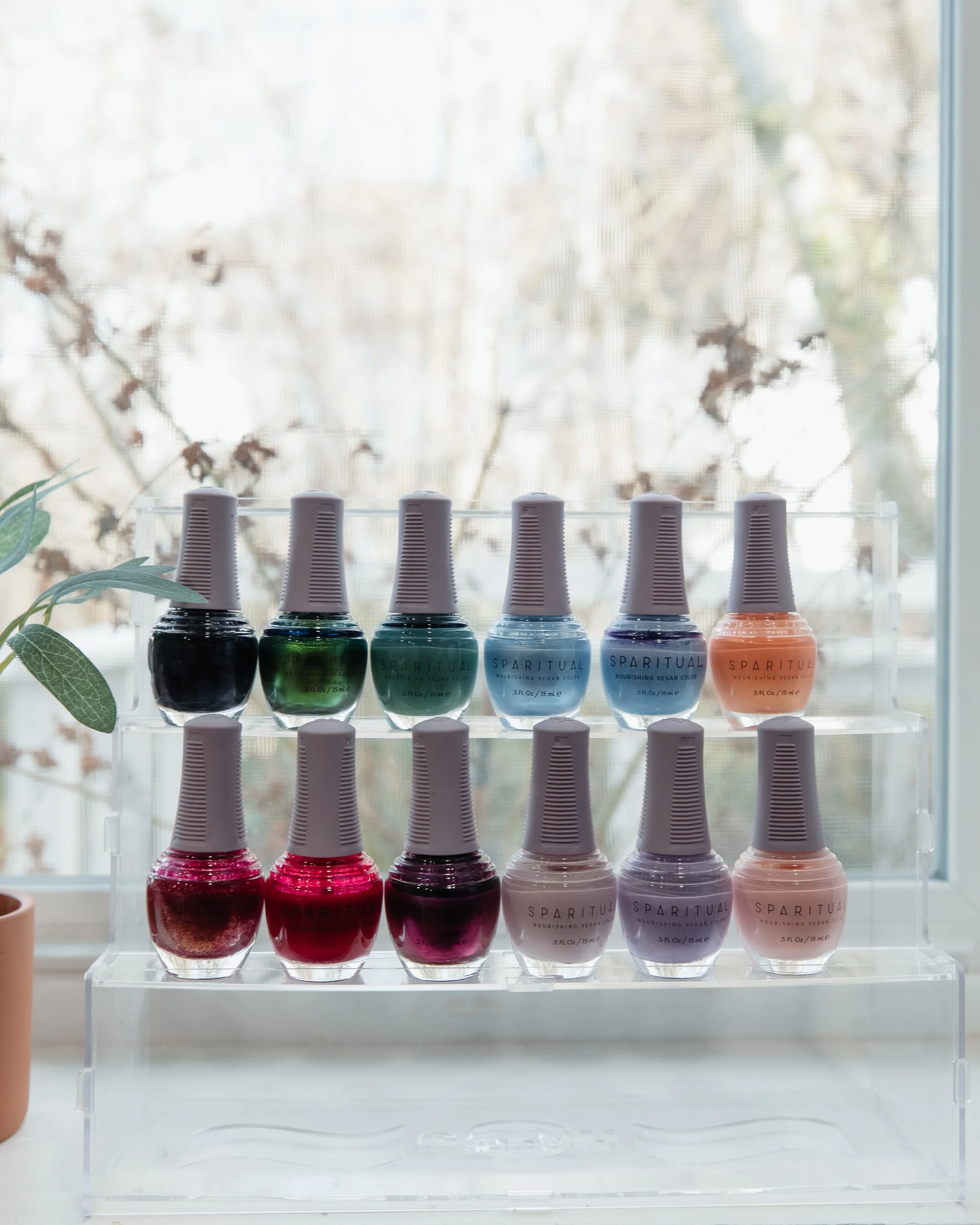 Assorted bottles of nail polish in various colors arranged on a clear acrylic stand on a windowsill, with a blurred outdoor background.