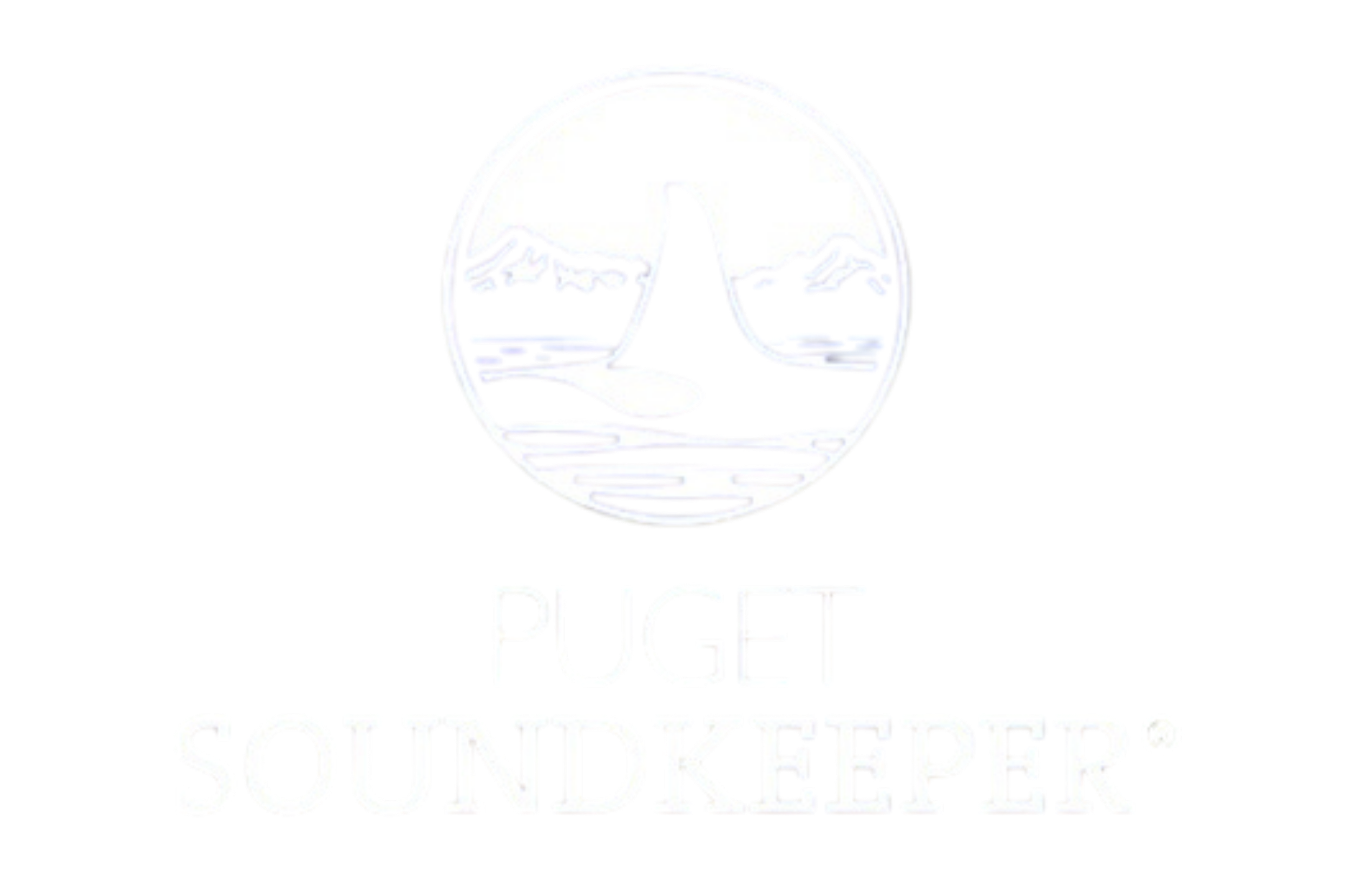 Puget Soundkeeper logo featuring a circular emblem with a stylized illustration of Mount Rainier, a sailboat, and waves, with the text 'PUGET SOUNDKEEPER' underneath.