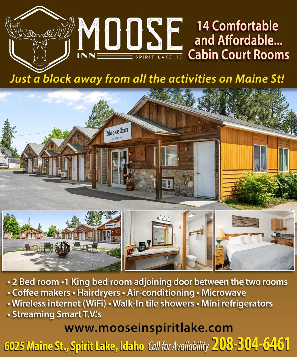 Advertisement for Moose Inn in Spirit Lake, Idaho, featuring a row of wooden cabins, a courtyard with seating, and interior images of a bathroom and a bedroom, highlighting amenities such as WiFi, air-conditioning, walk-in showers, and smart TVs.
