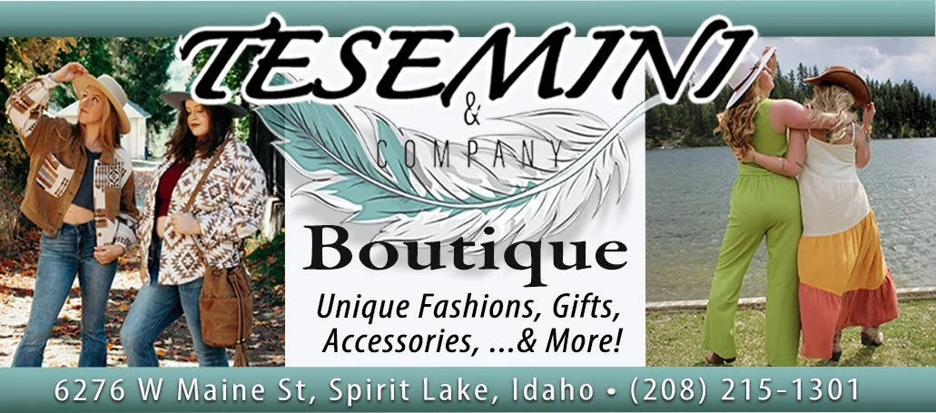 Banner for Tè Semini & Company Boutique showing women in stylish outfits, with a central decorative feather and contact information at the bottom.