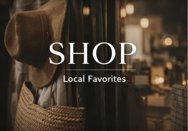 A shop window display with a brown hat, a woven bag, and warm lighting, promoting shopping for local favorites.