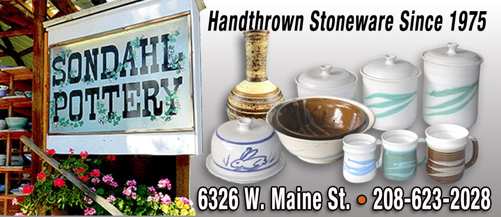Sign for Sondahl Pottery with handcrafted stoneware since 1975, featuring ceramic jars, bowls, and mugs on display.