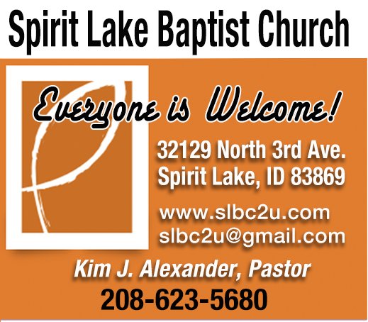 A church sign for Spirit Lake Baptist Church with the message "Everyone is Welcome!" and contact details including address in Spirit Lake, Idaho, a website, email, pastor's name, and phone number.