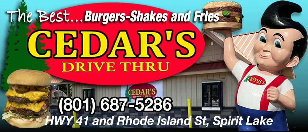 Advertisement for Cedar's Drive Thru featuring burgers, shakes, and fries. Includes a cartoon mascot holding a large burger, a picture of a cheeseburger, and contact details with phone number and address.