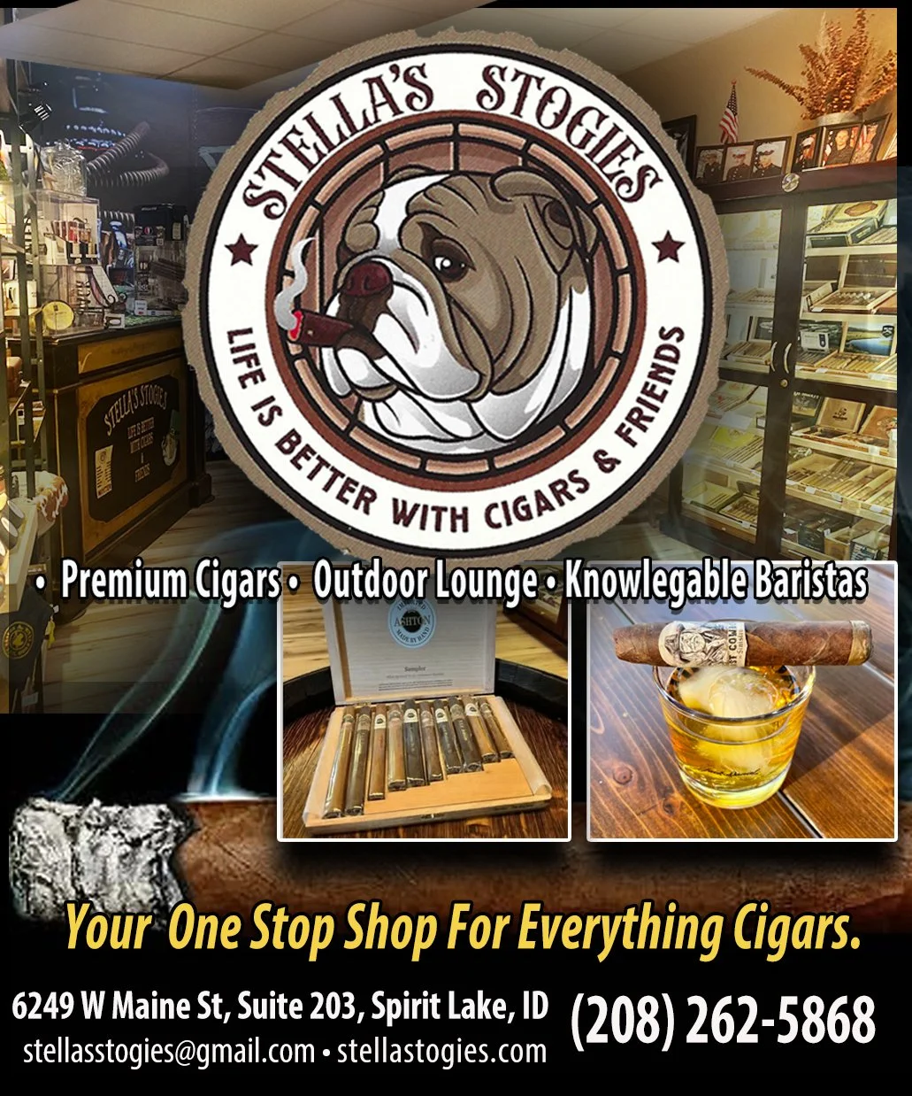 Sign for Stella's Stogies featuring a bulldog mascot with a cigar and a whiskey glass with a cigar on top. Tagline says, "Your One Stop Shop For Everything Cigars." Store location and contact info provided.
