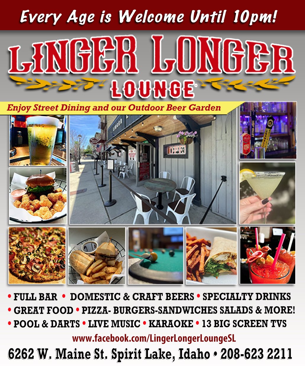 Flyer for Linger Longer Lounge in Spirit Lake, Idaho, promoting street dining, outdoor beer garden, full bar, craft beers, specialty drinks, food, pool, darts, live music, karaoke, and multiple TVs, with images of drinks, food, and lounge seating