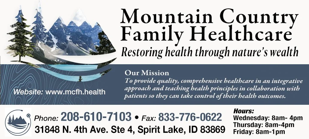A promotional banner for Mountain Country Family Healthcare with a mountain and tree illustration, their website, phone, fax, address, hours, and mission statement about providing quality healthcare.