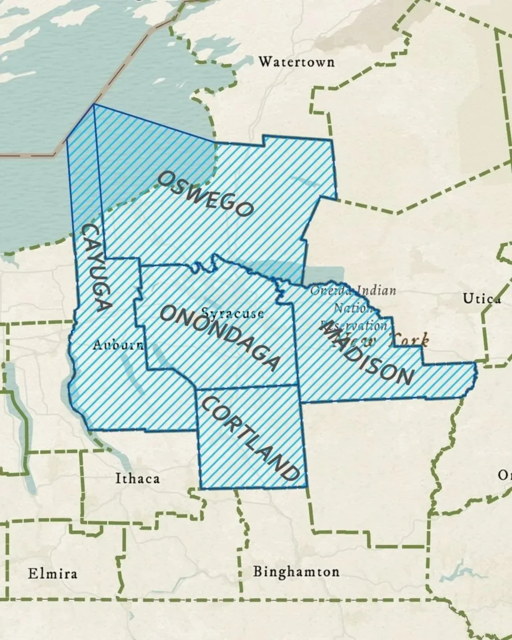 Map of Native American land territories including Oswego, Onondaga, Cayuga, Madison, and Cortland, with surrounding regions labeled and some nearby cities like Watertown, Auburn, Ithaca, Elmira, and Binghamton visible.