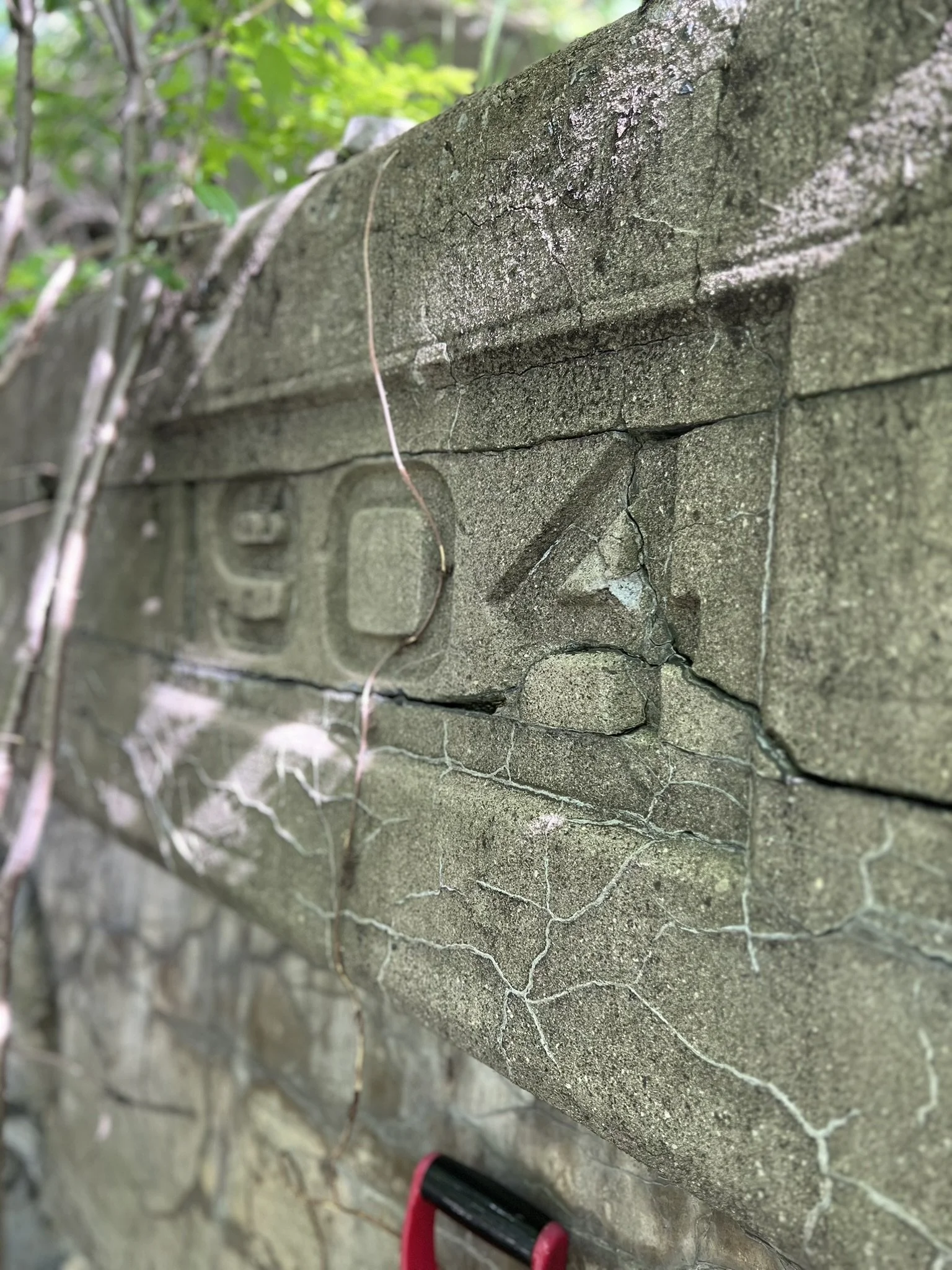 Close-up of a weathered, cracked concrete or stone wall with some greenery in the background and a partially visible red and black object in the bottom corner.