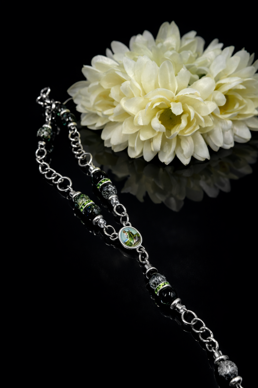 St Jude Black & Green Glass Stone Rosary Bracelet