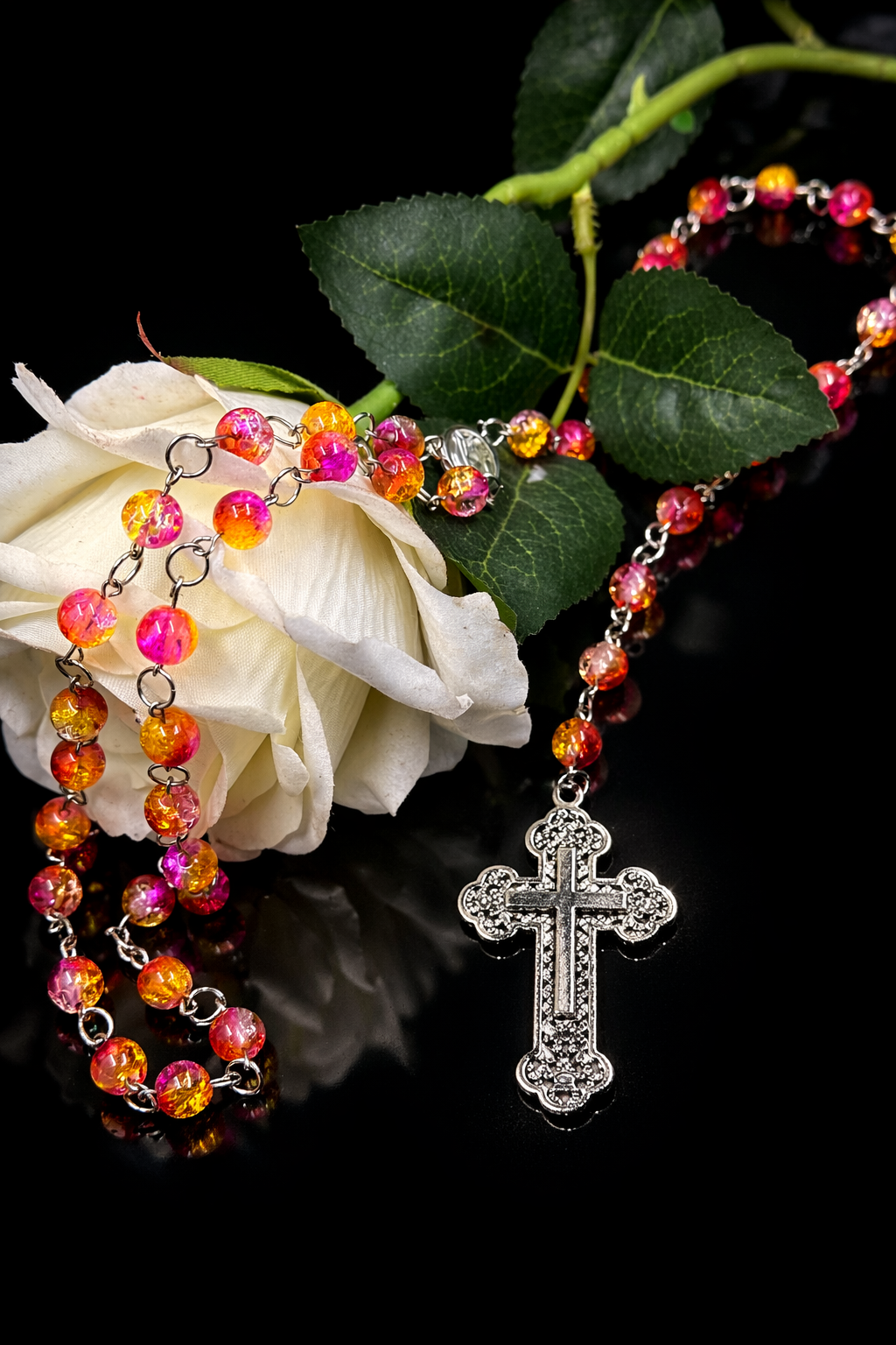 Sunset Silver Cross Glass Bead Rosary