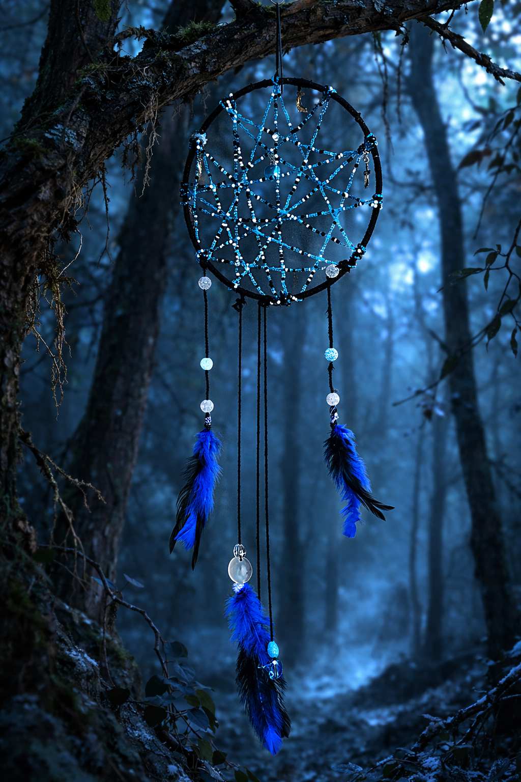 Lone Wolf Black & Blue Beaded Dream Catcher