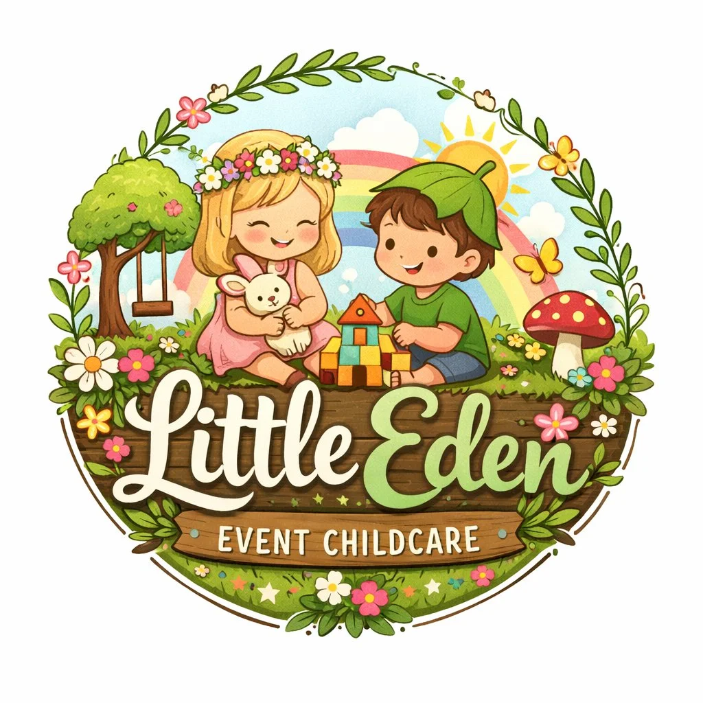 Colorful illustration representing event childcare, showing children playing happily outdoors with toys, nature, and bright decorations, with the text “Little Eden Event Childcare.”