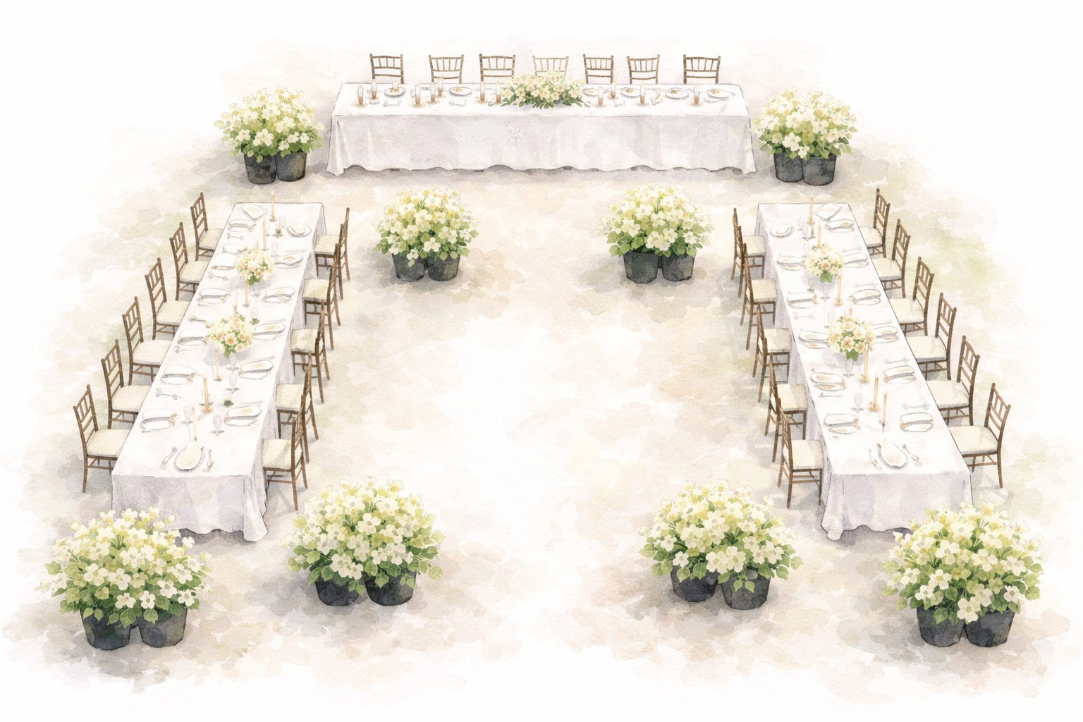 Hydrangea styled wedding reception with long tables, candles and potted hydrangeas in Christchurch.