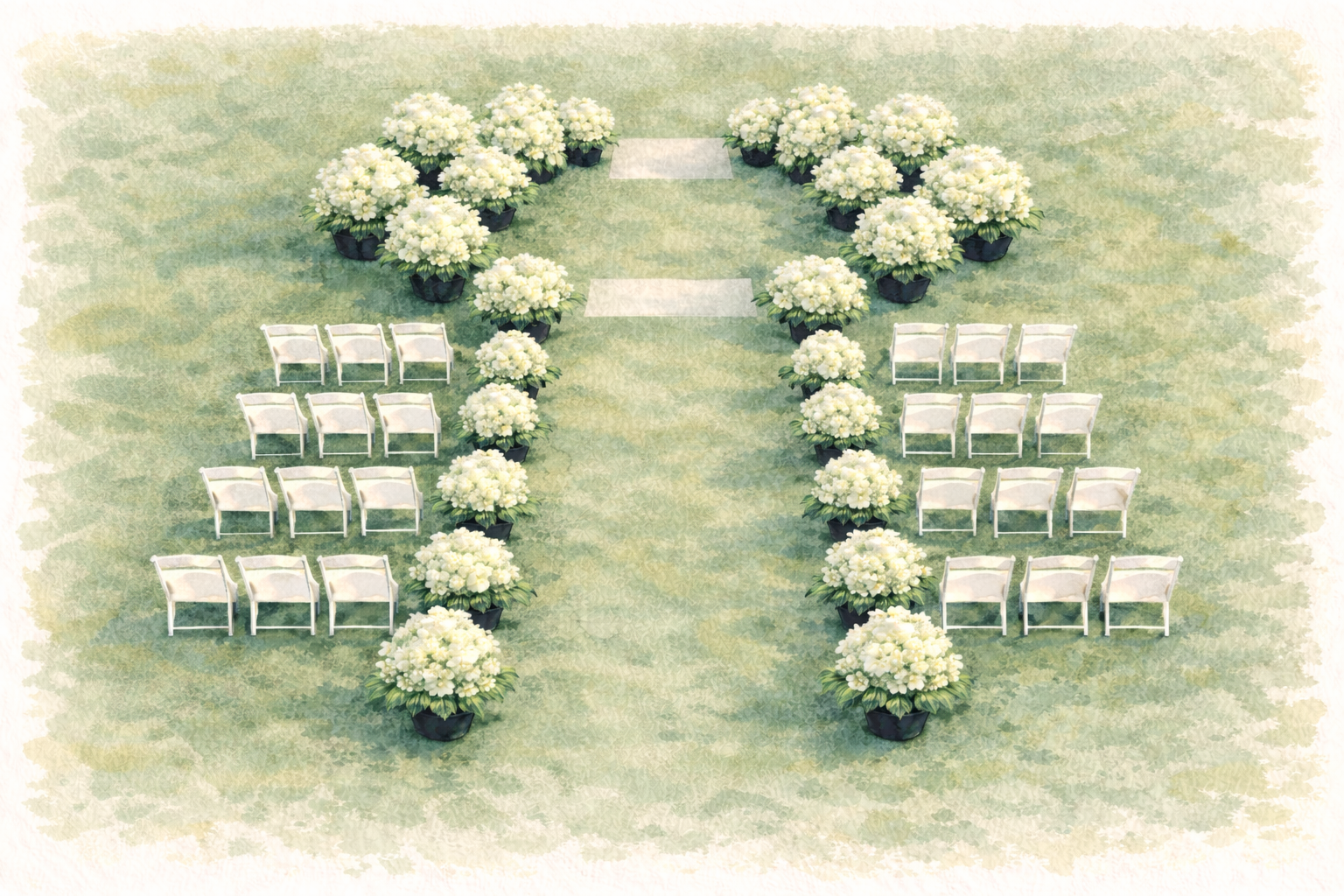 Wedding ceremony seating arranged around hydrangea plants in black pots for a garden wedding in Canterbury.