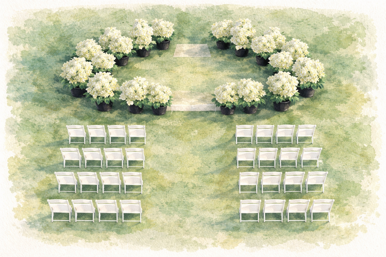 Hydrangea ceremony arch and aisle styling with white chairs arranged on a grassy outdoor wedding site.