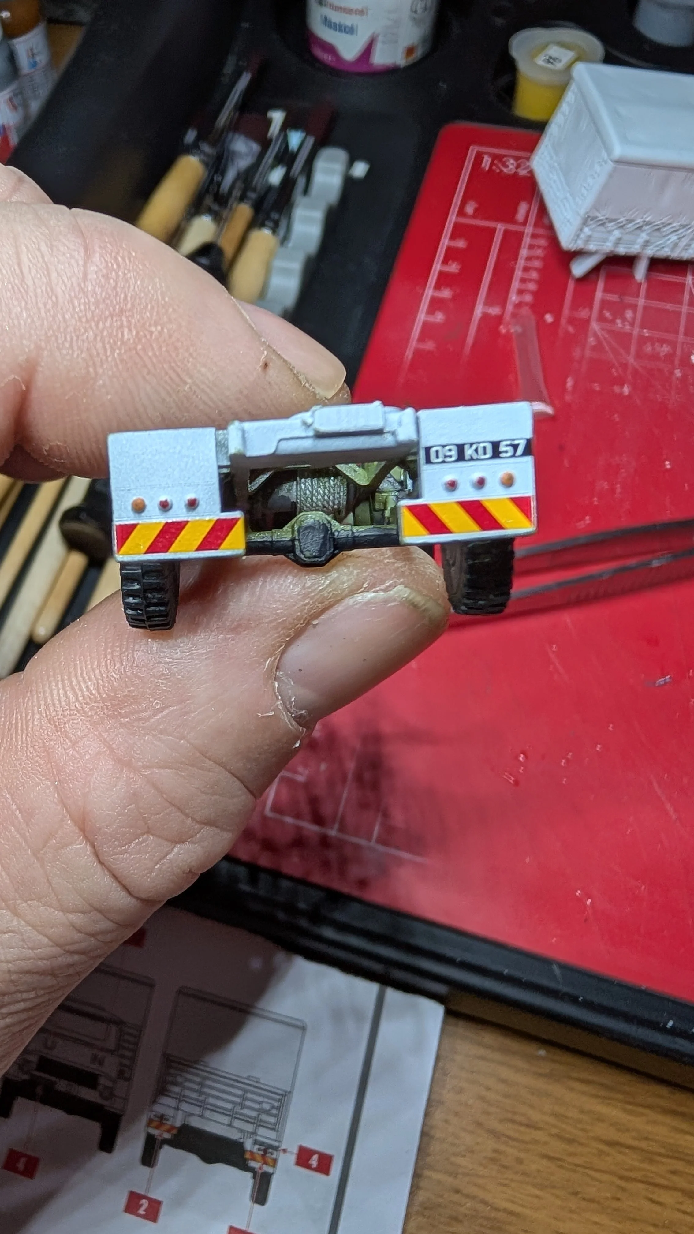 Close-up of a 1:72 scale 4 ton Bedford truck, mid-build