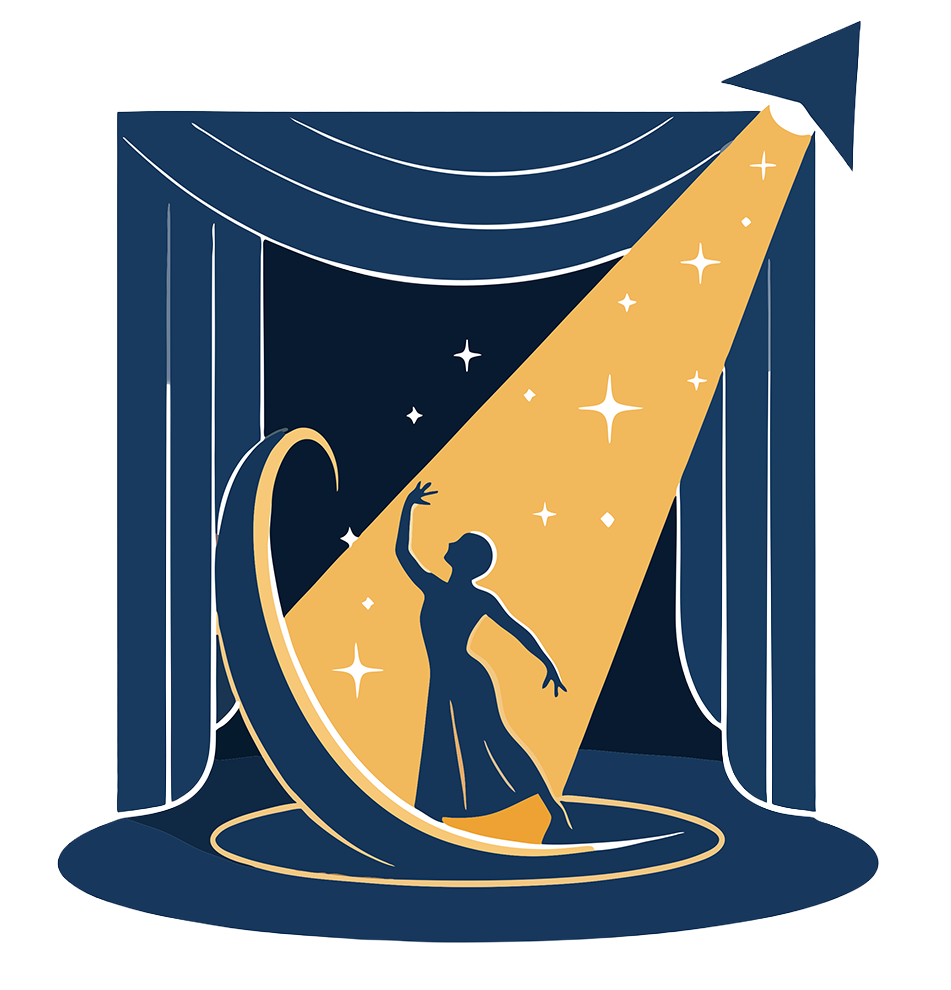 Silhouette of a woman on stage, bathed in a golden spotlight, with curtains in the background.