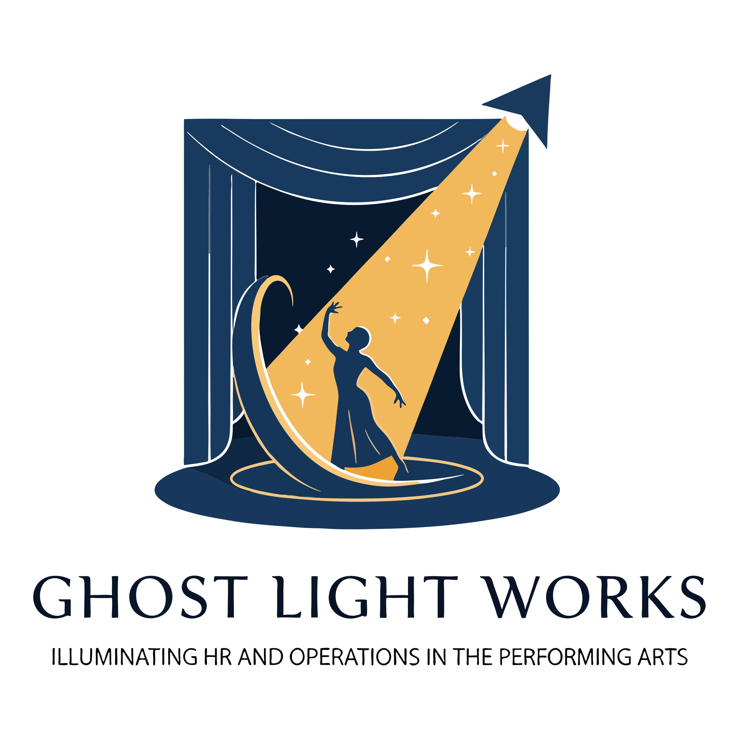 Navy blue stage, draped with a blue curtain.  A female presenting performer in a dress poses in a yellow beam of light and stars. Ghost Light Works: Illuminating HR and Operations in the Performing Arts