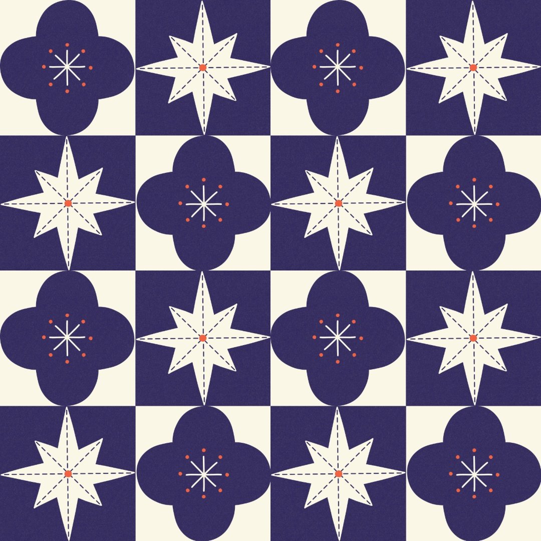 Modern quilt block pattern with atomic-style stars and quatrefoil blossoms in a navy blue and cream color palette with accents of persimmon orange. 