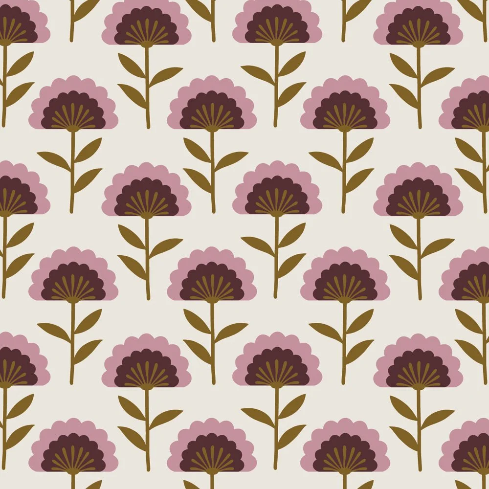 Pattern No 11b - Abstracted dandelions in a half-drop repeat in the Umami color palette. 