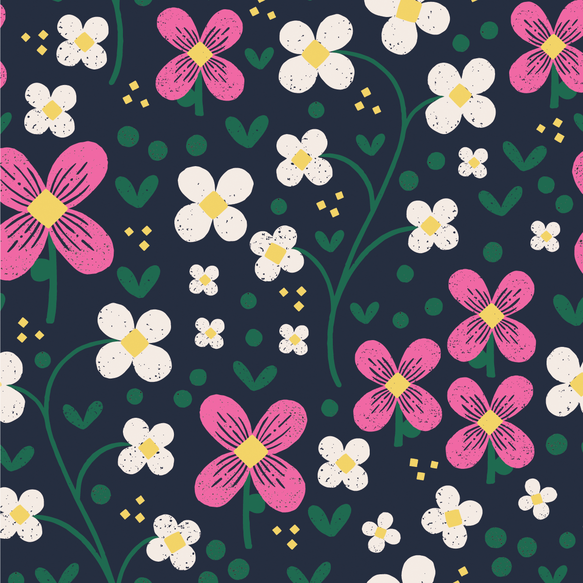 Pattern No 24 - Large abstract hot pink flowers and smaller stylized white flowers with small decorative elements dispersed throughout the dark blue background. 