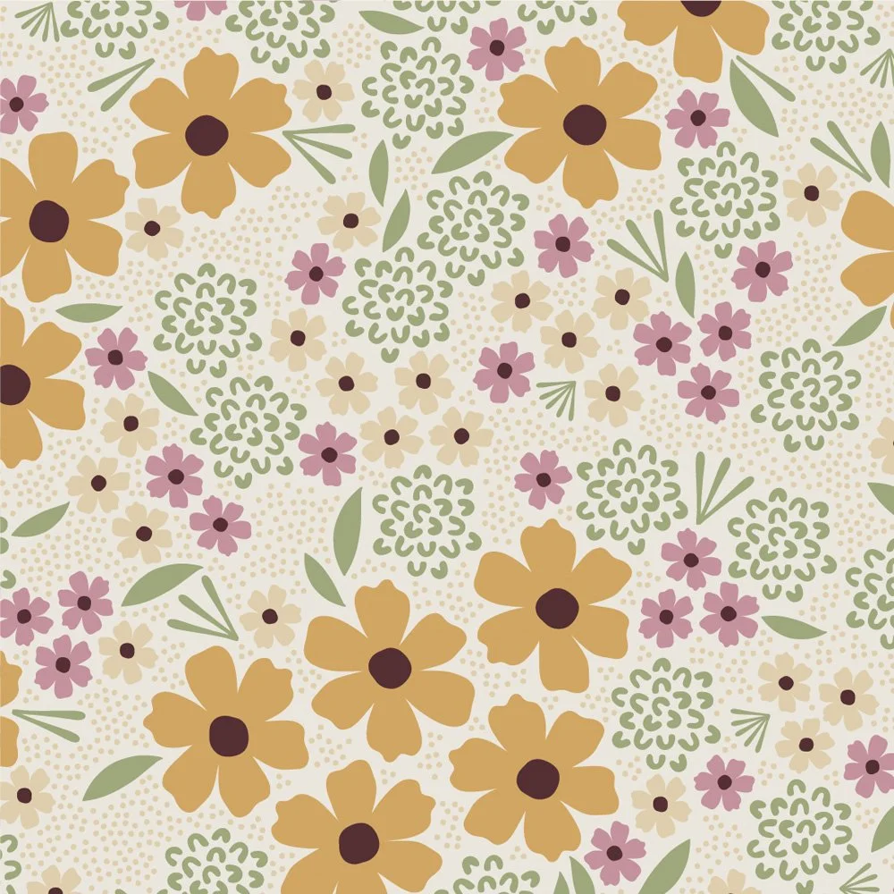 Pattern No 05a - All-over floral pattern with large black-eyed susans, surrounded by smaller abstract flower shapes. 
