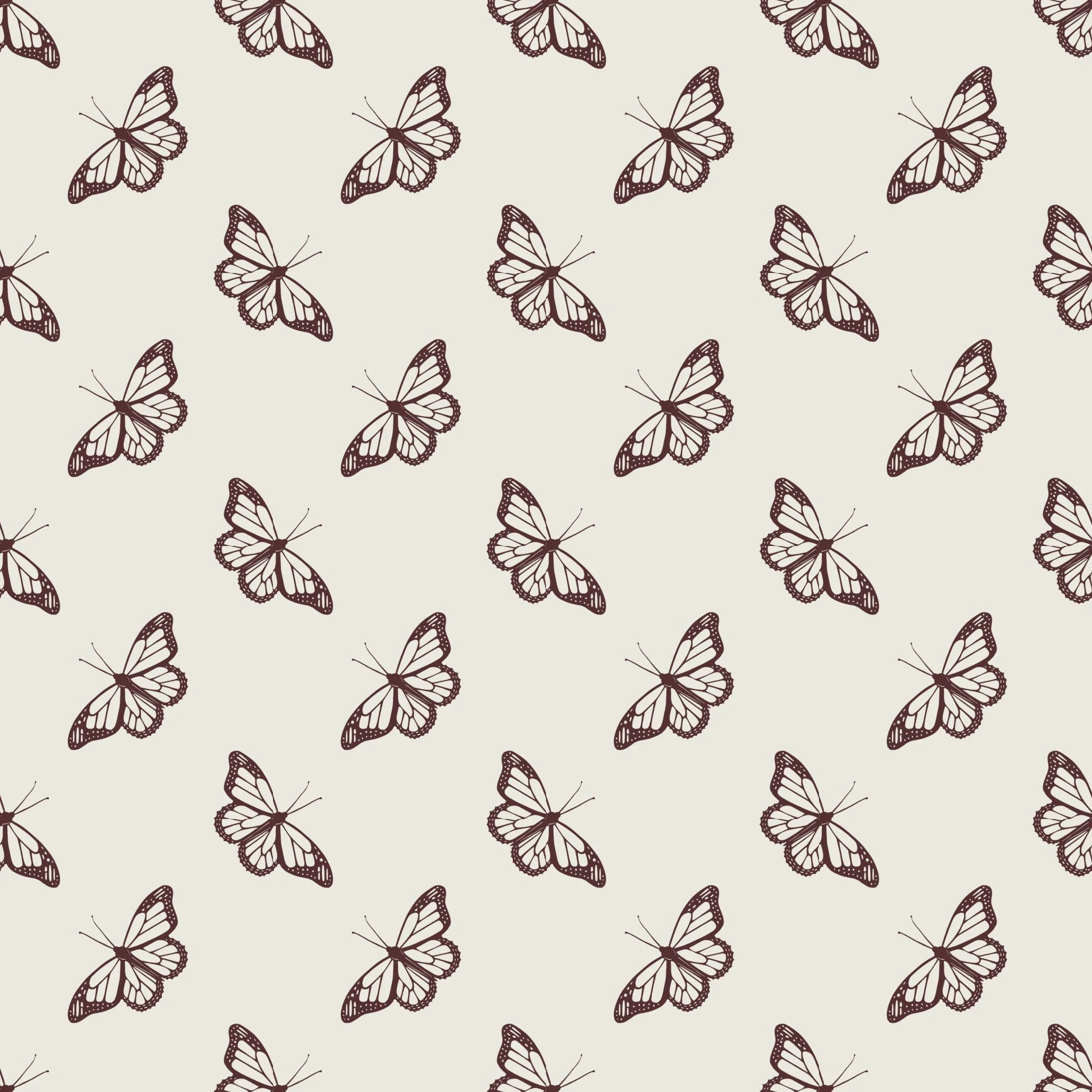 Pattern No. 22 - Silhouettes of monarch butterflies in a half-drop repeat. Pattern is dark raisin on an off-white background.