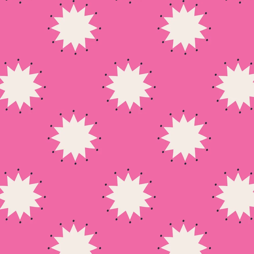 Pattern No 07c - Hand-drawn starbursts in a half-drop repeat in coconut and hibiscus. 