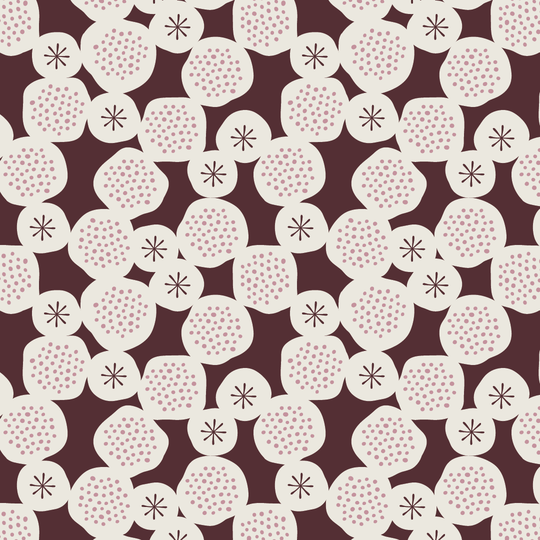 Abstract pattern featuring a cascade of circular interlocking shapes with an overlay of dotted patterns and small starbursts.