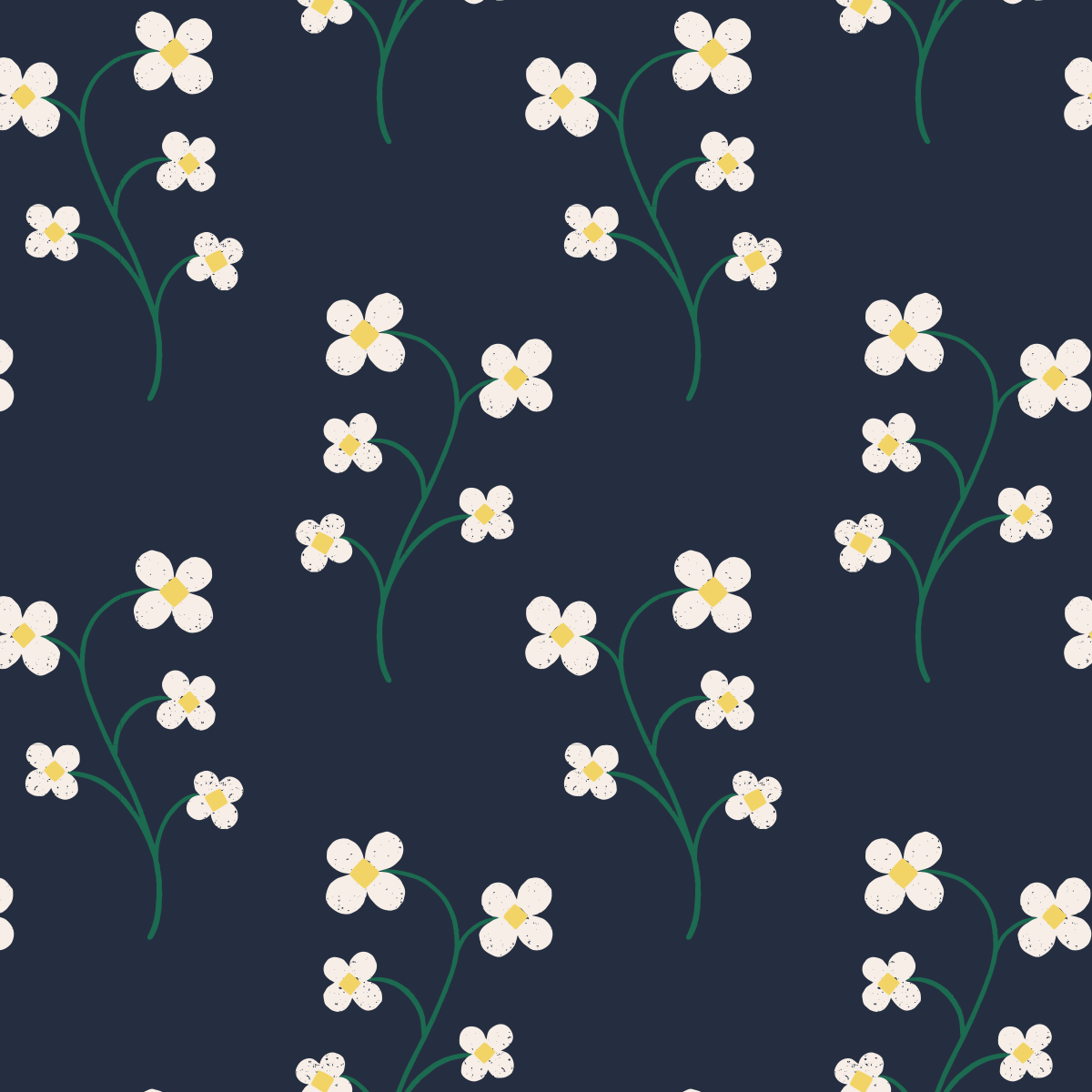 Pattern No 25 - Small white blossoms on a stem in a half-drop repeat on a dark navy background
