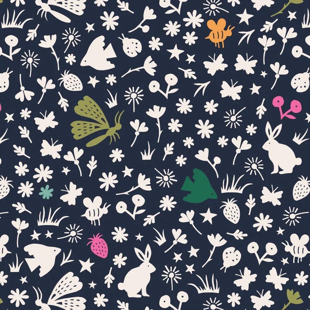 Pattern No 13 - A dense tossed pattern of tiny papercuts, including birds, bunnies, moths, butterflies, ladybugs, and small flowers in the Fresh Pressed color palette. 