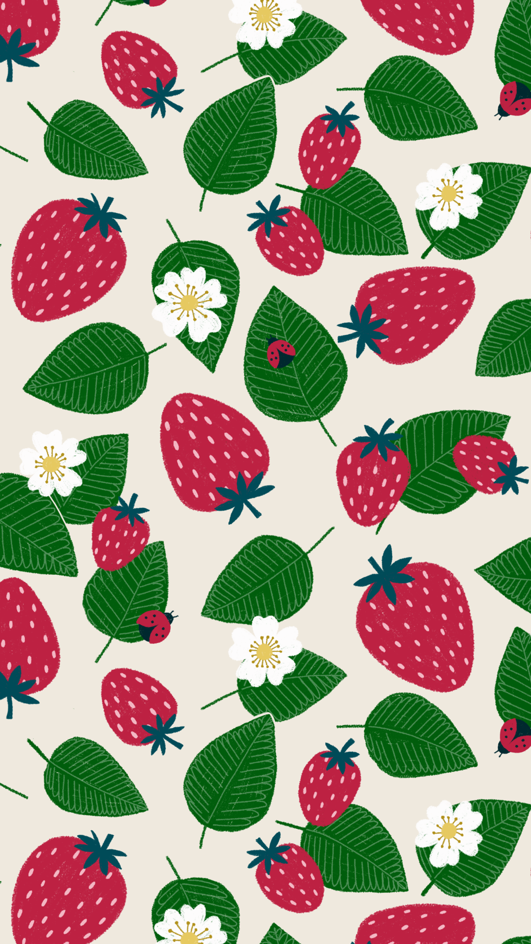 Pattern No. 19 - A tossed pattern of strawberries, blossoms, leaves, and ladybugs. 