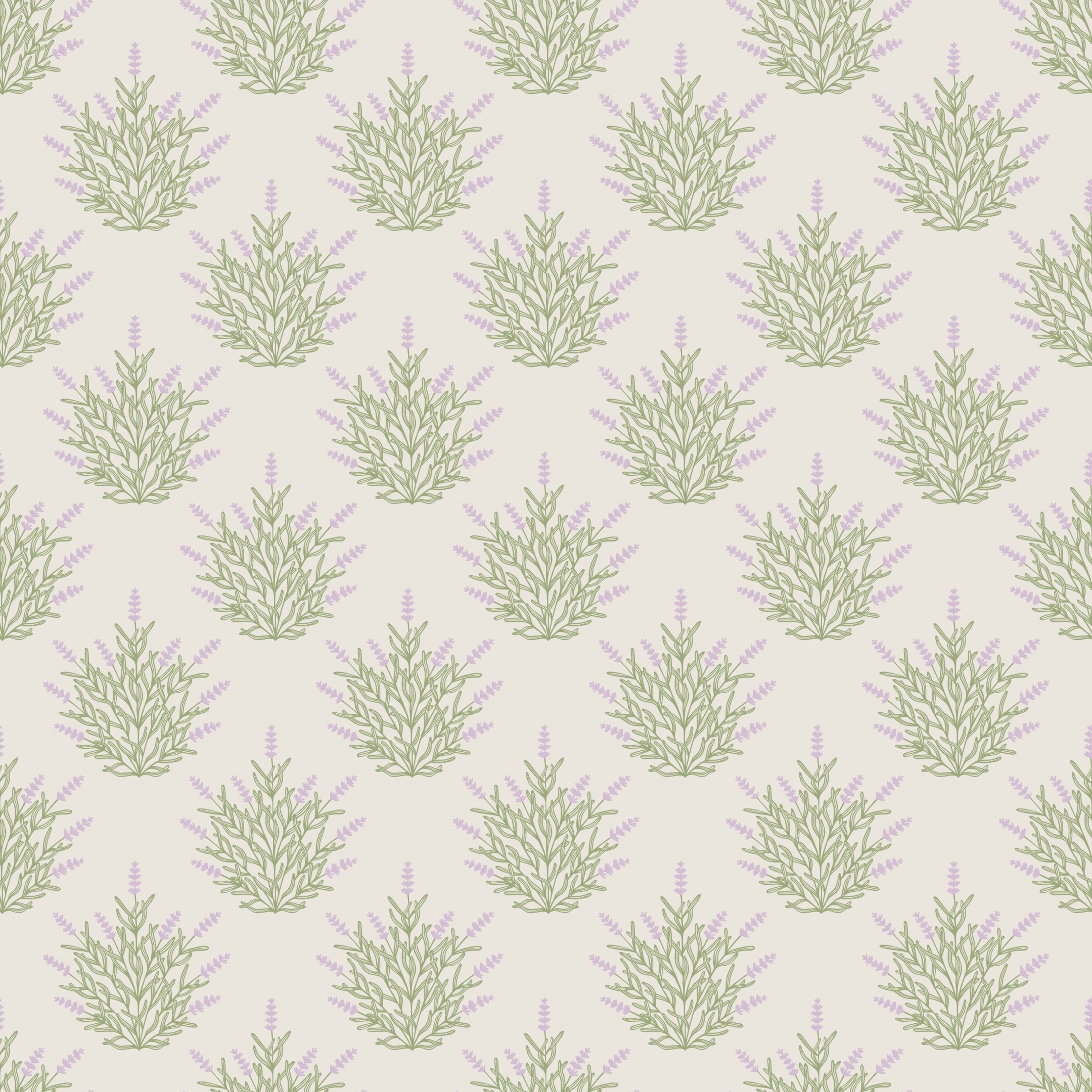 Pattern No. 20 - A half drop repeat of a graphic lavender plant motif in sage green, pale lavender on an off white. 