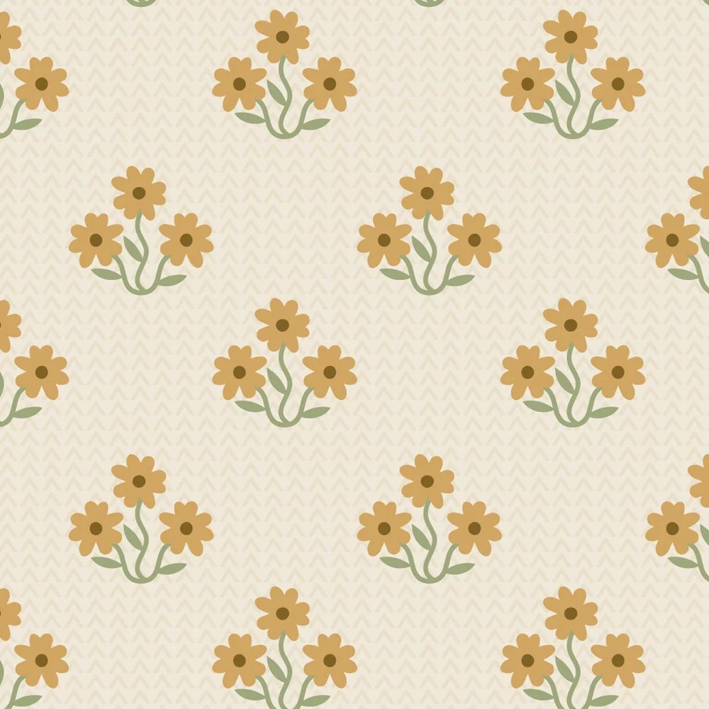 Pattern No 09c - Trios of small daisies in a half-drop repeat on a field of light-toned arrow shapes in tumeric and sage on sucre.