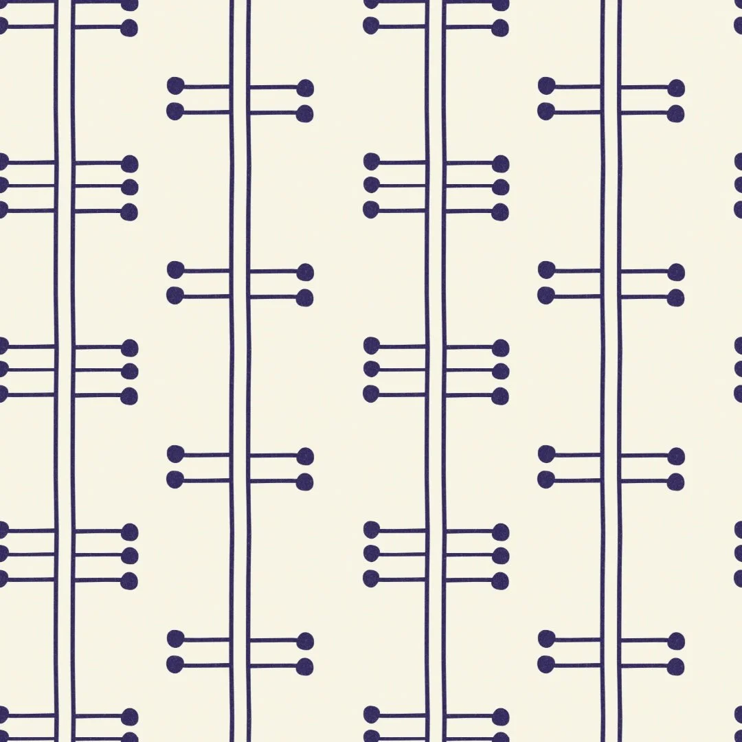 Atomic striped pattern with double vertical lines intersected by double and triple horizontal lines with dots at the ends. 
