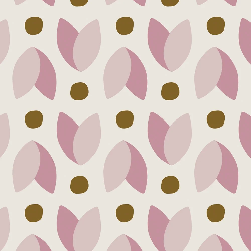 Pattern No 15 - A simplified tulip motif aligned in rows with the floral aligned up and then down, interspersed with polkadots in framboise, pink salt, and cumin on sucre. 