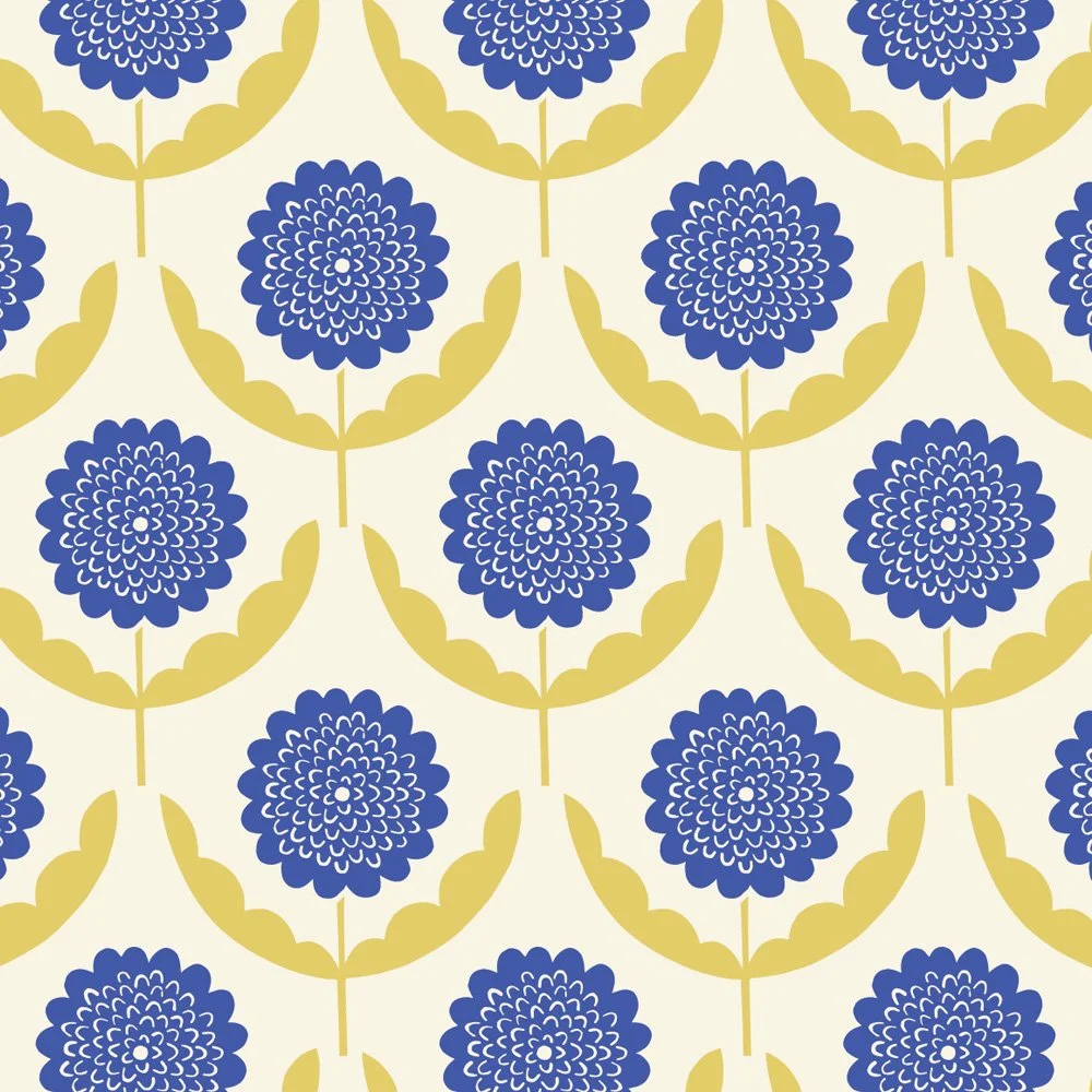 Pattern No 14 - A mid-century modern-inspired dahlia in a half-drop repeat in cobalt blue and chartreuse. 
