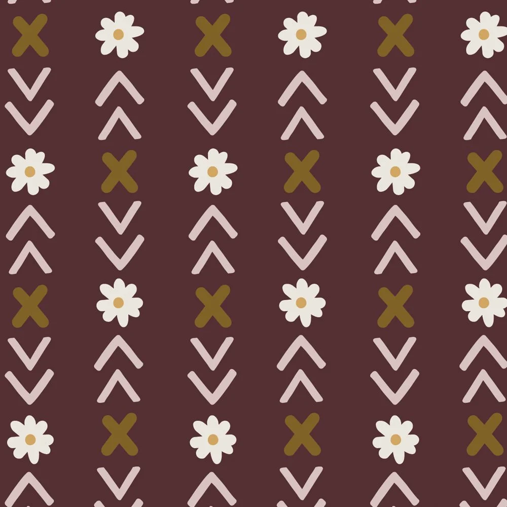 Pattern No 09b - Prairie-style stripes made out of small daisies, x-shapes, and arrow-shapes in pink salt, cumin, on raisin. 