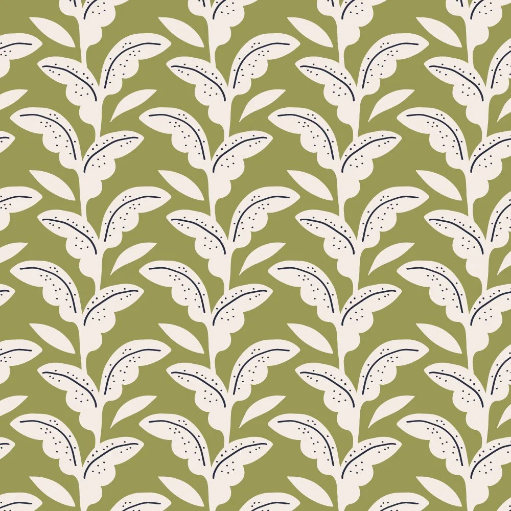 Pattern No 06 - Tropical-inspired pattern of lines comprised of leafy silhouettes in coconut on spinach. 