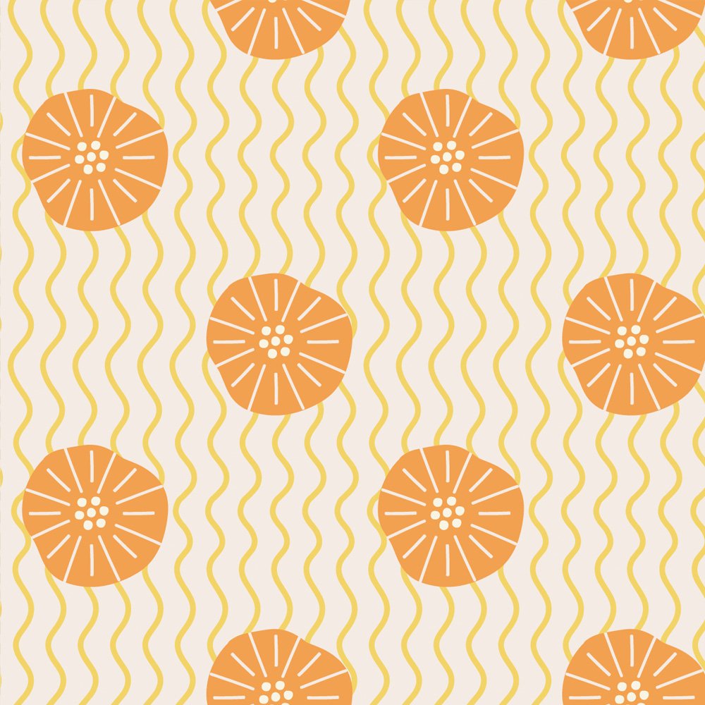 Pattern No 12 - Stylized orange slices on a background of hand-drawn wavy vertical lines in melon on coconut.  