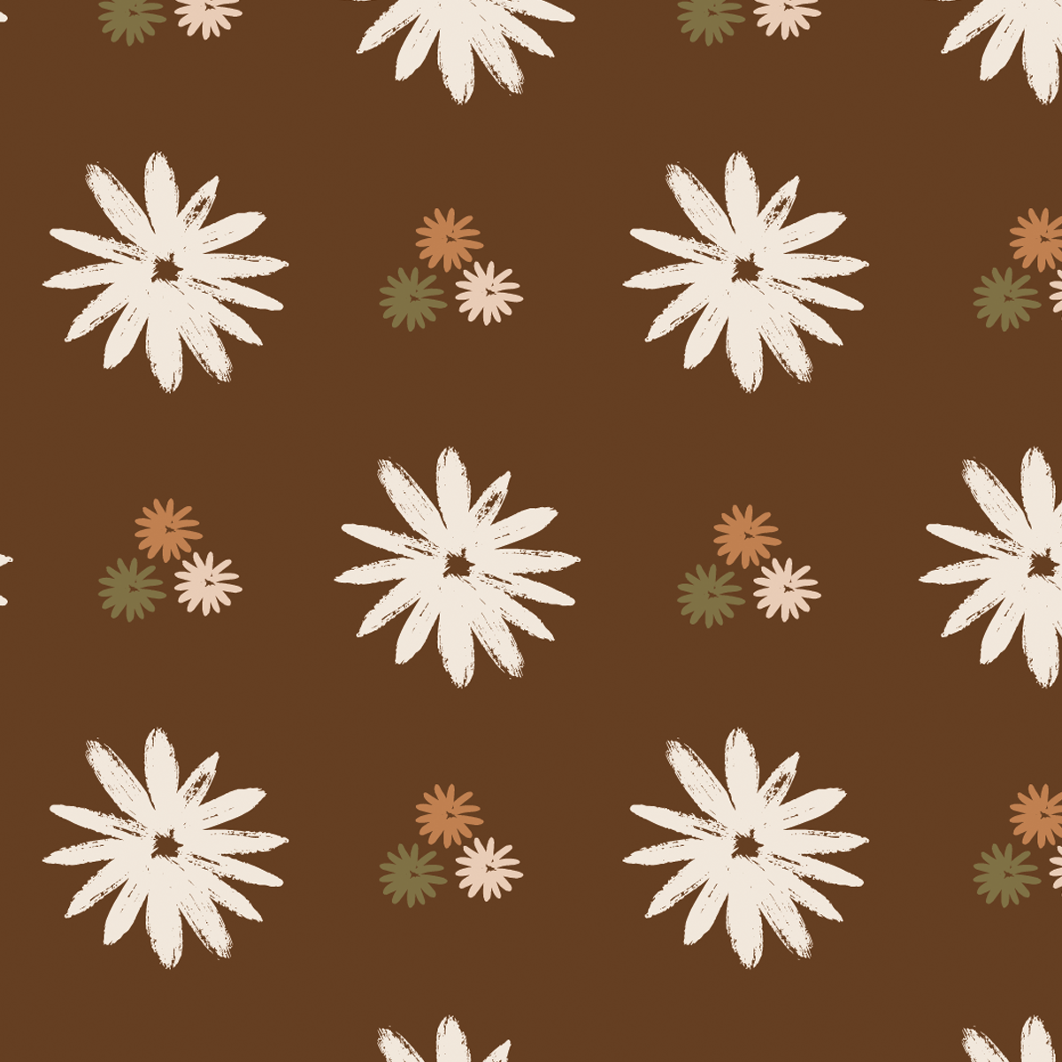 Pattern No 27 - Off white hand-painted daisies in a structured half-drop repeat.